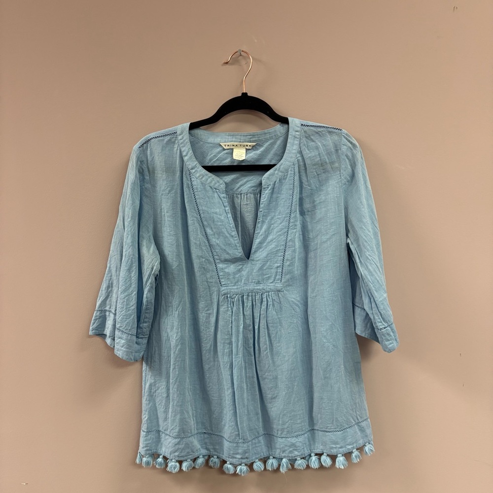 Trina‎ Turk Light Blue Cotton Silk Tassel Hem Split Neck Blouse Top L